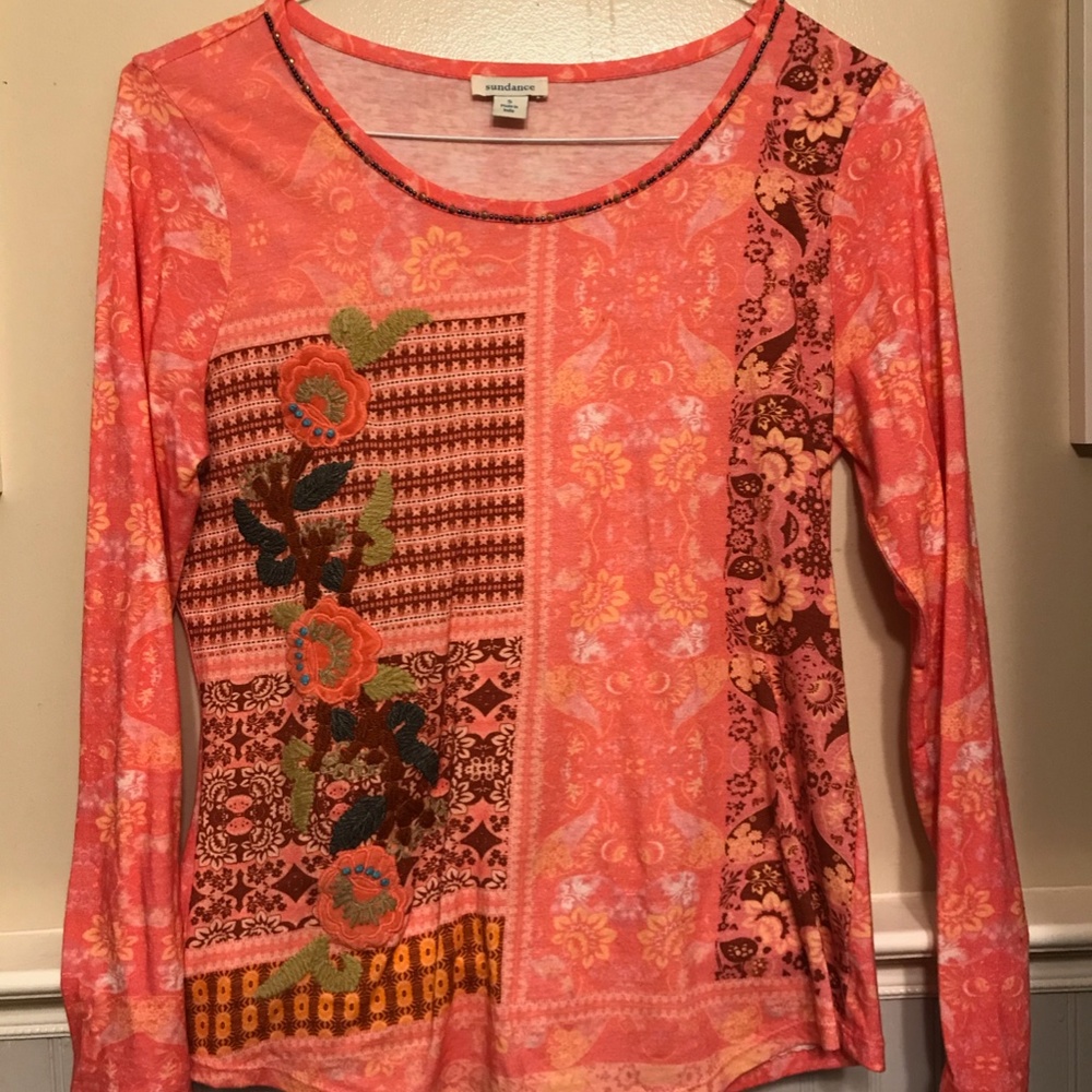 Sundance red and pink embroidered long sleeve tee